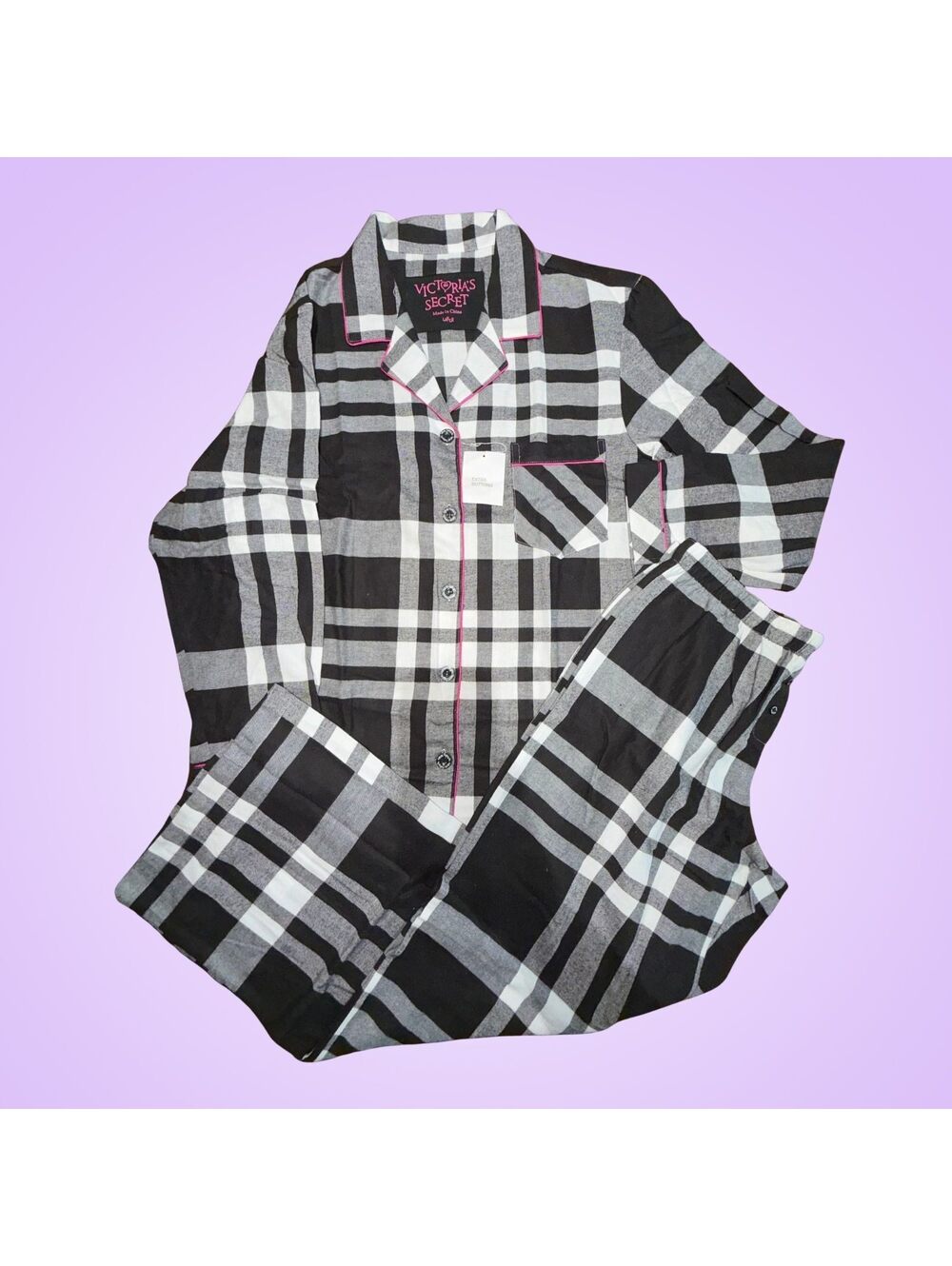 Victoria's Secret Black White Plaid Cotton Flannel Pajama Set Pink Trim | Large